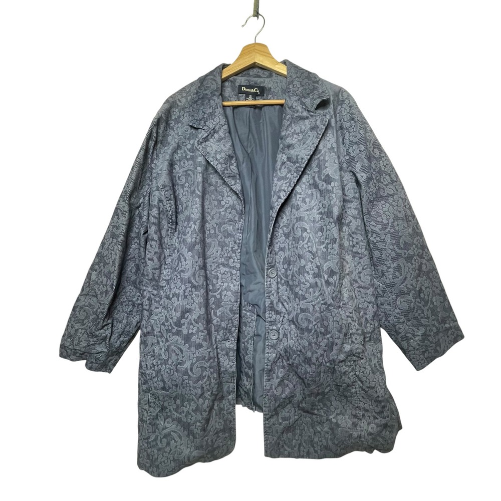 Denim & Co Blue Paisley Corduroy Jacket Plus 3X Floral Damask Button Front Coat
